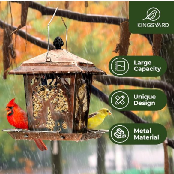 Copper Color Lantern Style Bird Feeder for Outdoors - Wild Bird Hopper Feeder - Picture 3 of 9
